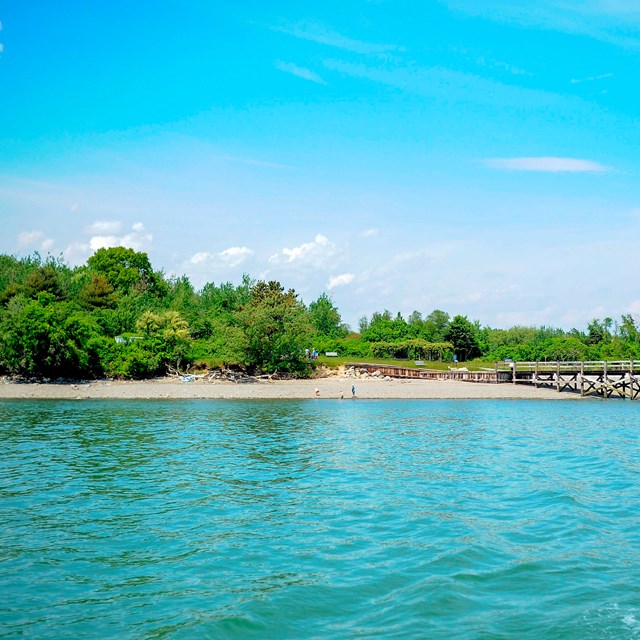 View from the water of a pier, rocky beach, and forested area on an island.