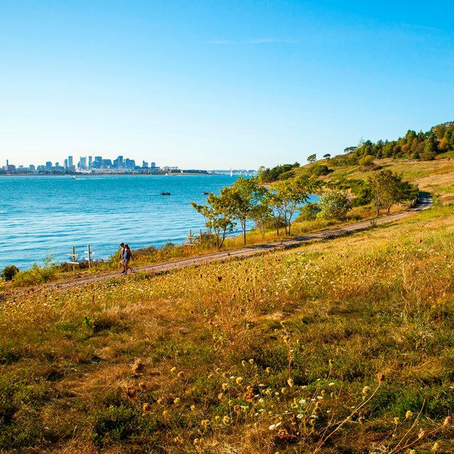 Sloping landscape of Spectacle Island with the Boston Skyline in background