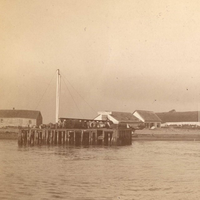 Sepia image of a shore with a cropping of white houses, with a prominent wharf in front