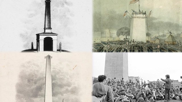 grid of 4 images. A pillar; partly constructed and finished Bunker Hill Monument; Group of people 