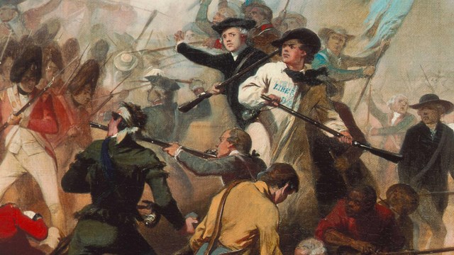 Painting of colonial and British soldiers engaged in hand to hand fighting at Bunker Hill