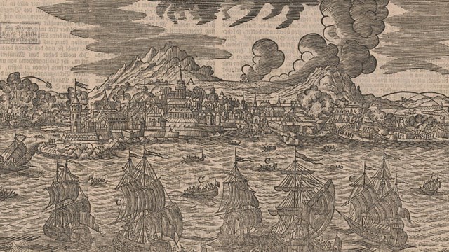 Woodcut scene of ships in Boston Harbor with the town of Boston in the background.