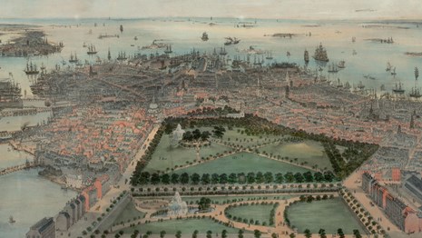 Bird's eye view of a 19th century city with primarily brick construction, vessels in harbor behind