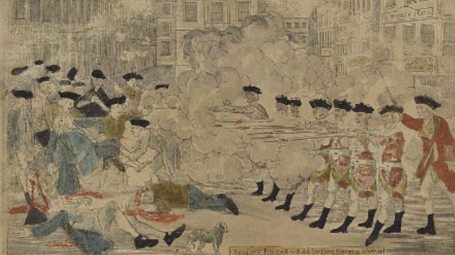 Print engraving depicting the Boston massacre with British soldiers shooting upon a crowd