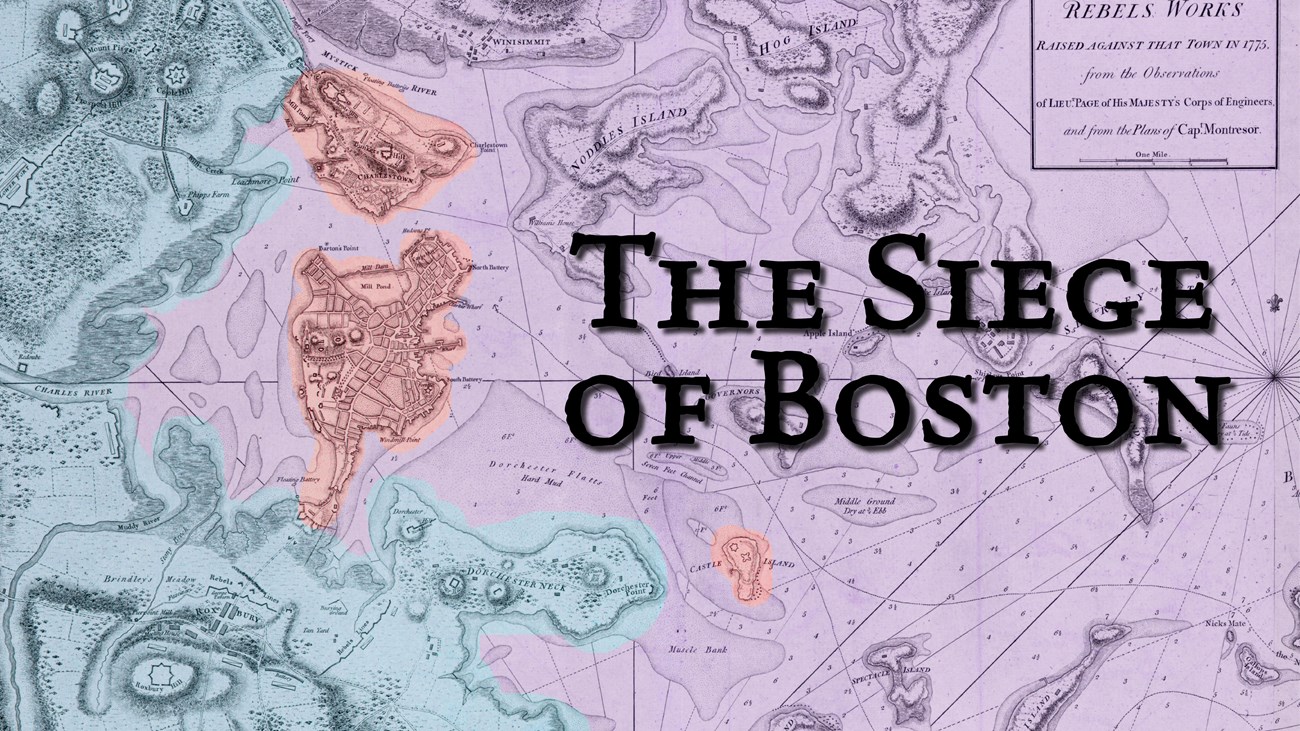 Map of Boston and its harbor. Areas highlighted in red (British), blue (Am), and purple (contested)