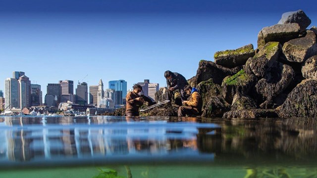 water level view of researchers on a rocky outcropping conducting research.