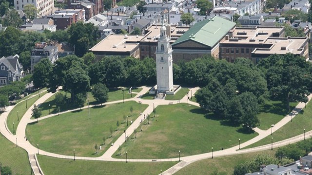 Aerial view of Dorchester Heights and Thomas Park. 