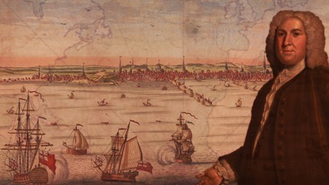 Ships sailing in a harbor with the portrait of an 18th century man on the right.