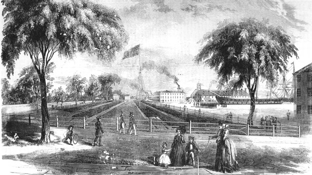 Black and white sketch of the Navy Yard from 1851 showing greenery and ships in the background. 