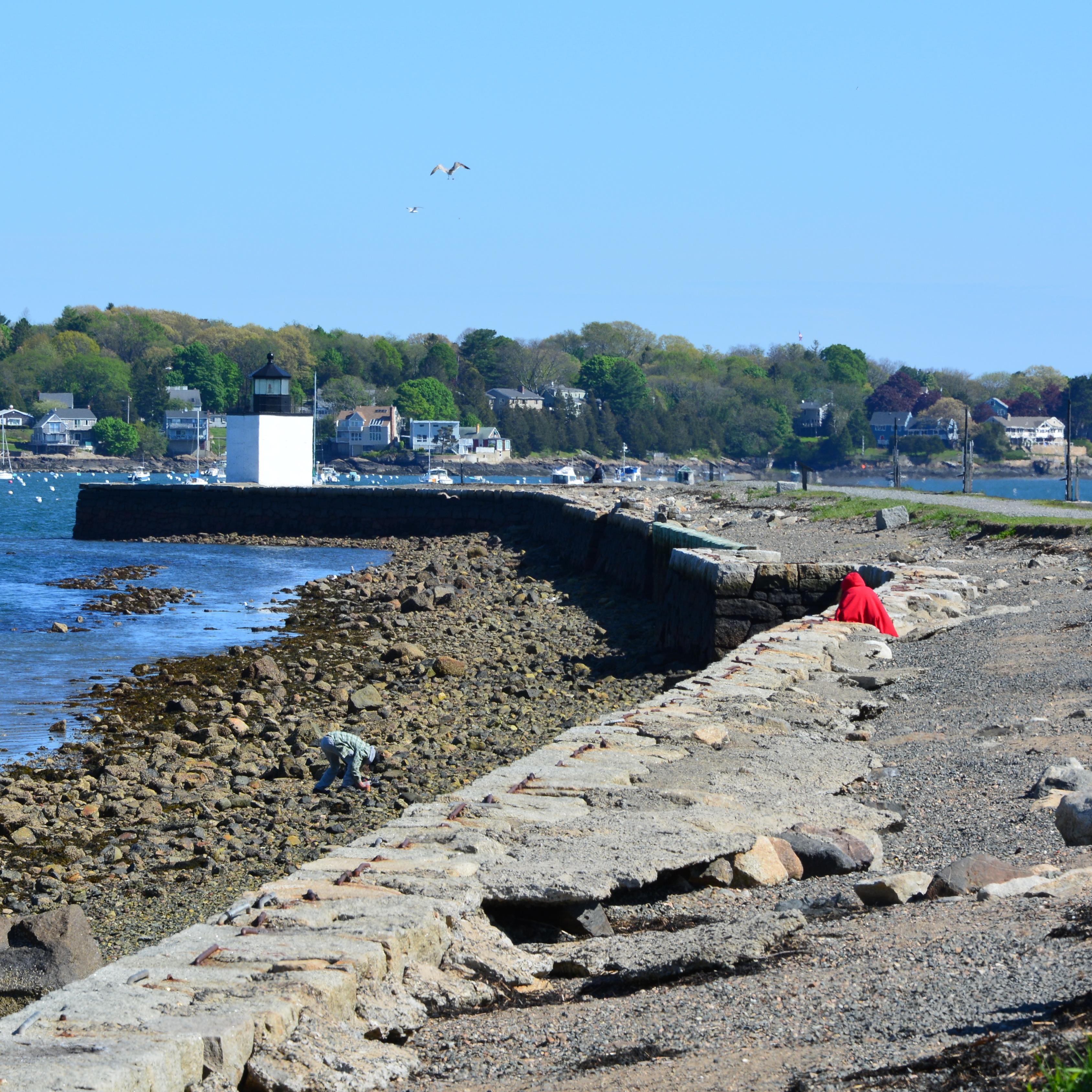A wharf that juts out into the water with a small lighthouse at the end of the wharf.