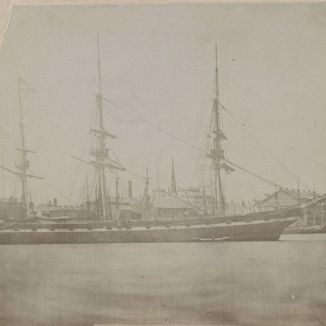 Archival photograph of USS Hartford, a three masted sloop of war