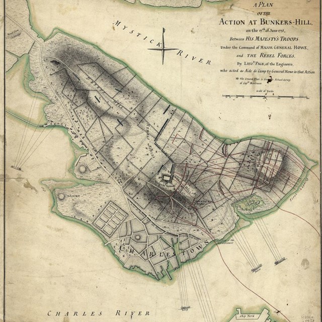 Historic map showing the Charlestown peninsula and the areas related to the Battle of Bunker Hill