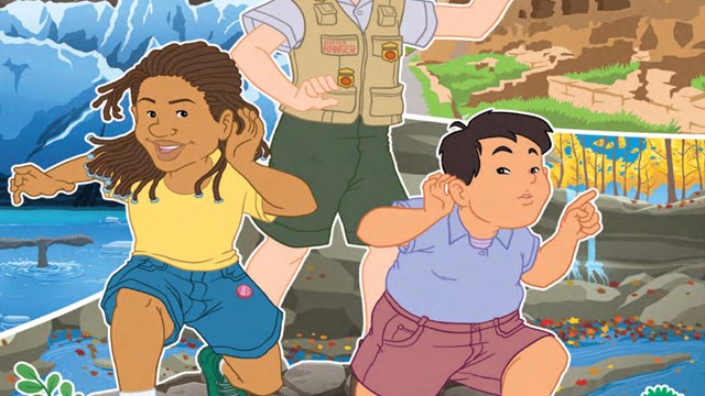 A girl with a junior ranger vest and curly hair smiles.