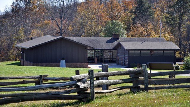 A view of the visitor center from an elevated position looking down. 