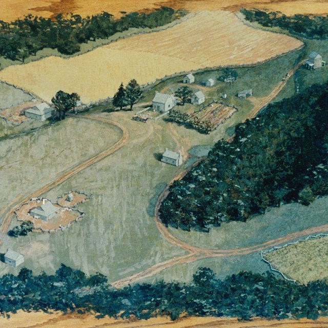 A rustic painting depicts an overview shot of buildings and fields on the Burroughs plantation.