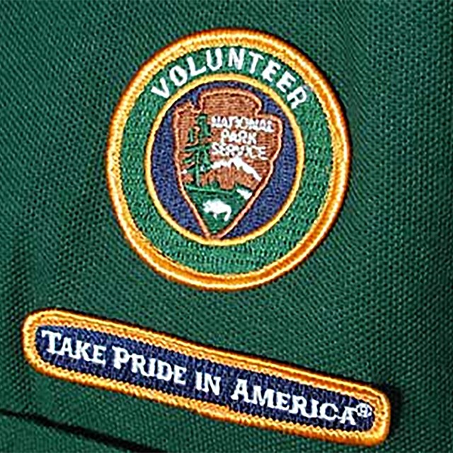 A photograph of a park service volunteer patch with an arrowhead, bison mountain and tree. 