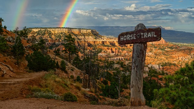 Wooden sign that says Horse Trail with Bryce Canyon in the background.