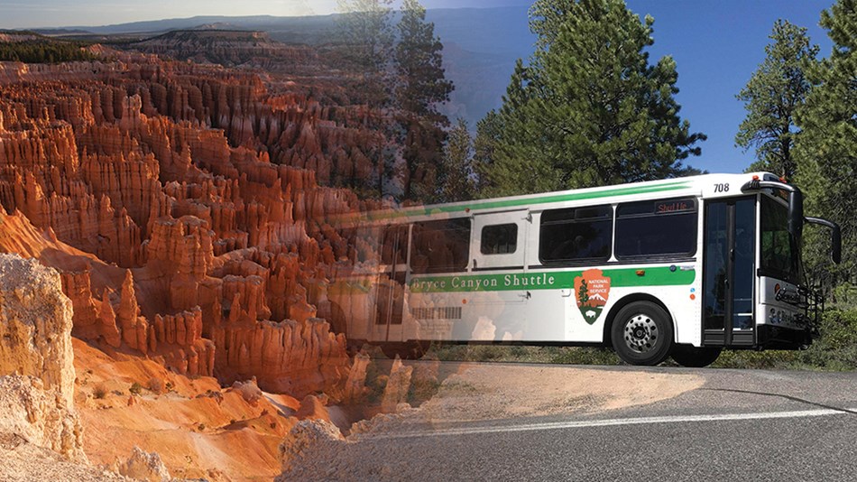 A vast redrock landscape filled with hoodoos blends into a green and white bus