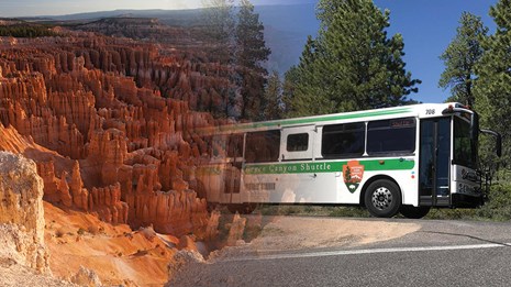 A vast redrock landscape filled with hoodoos blends into a green and white bus