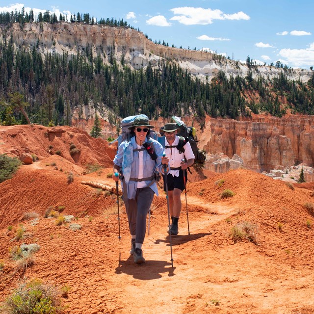 Two hikers walk on a red dirt path.