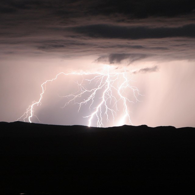 Bright white lightning bolts strike down from dramatic dark clouds turning the night sky pink