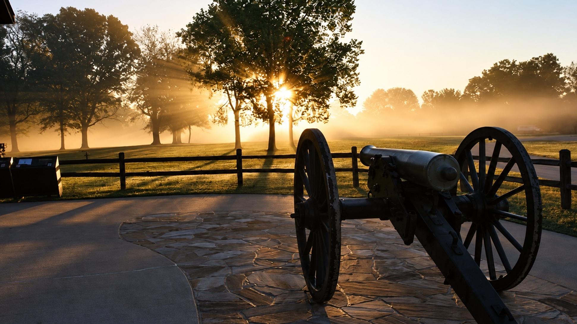 Canon in the fog at Pea Ridge Battlefield.