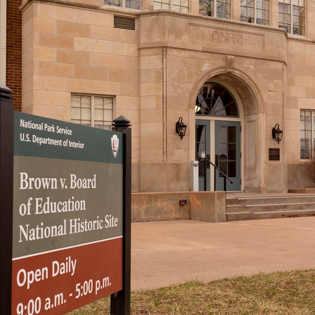 Brown v. Board of Edcucation wayside sign in front of Monroe Elementary