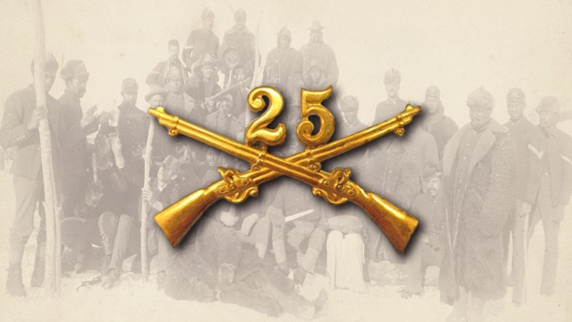 The 25th cavalry pin over top of a photo of soldiers in a portrait