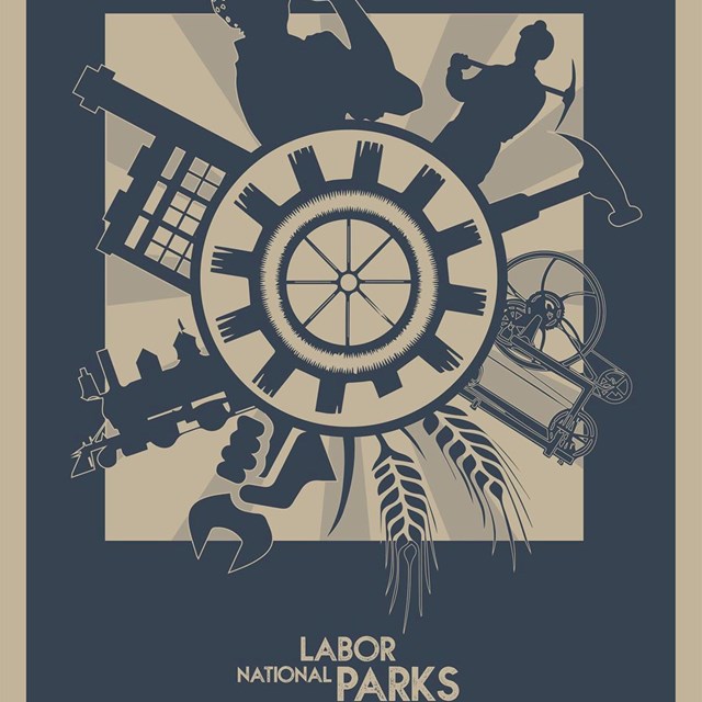 A tan and blue graphic with a wheel in the middle and outlines of tools and workers surround it.