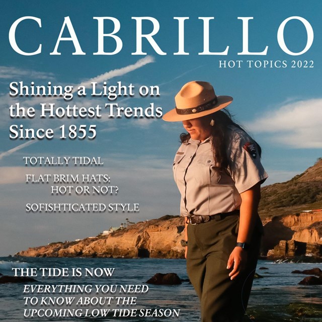 A ranger stands in the intertidal zone with white text surrounding her.