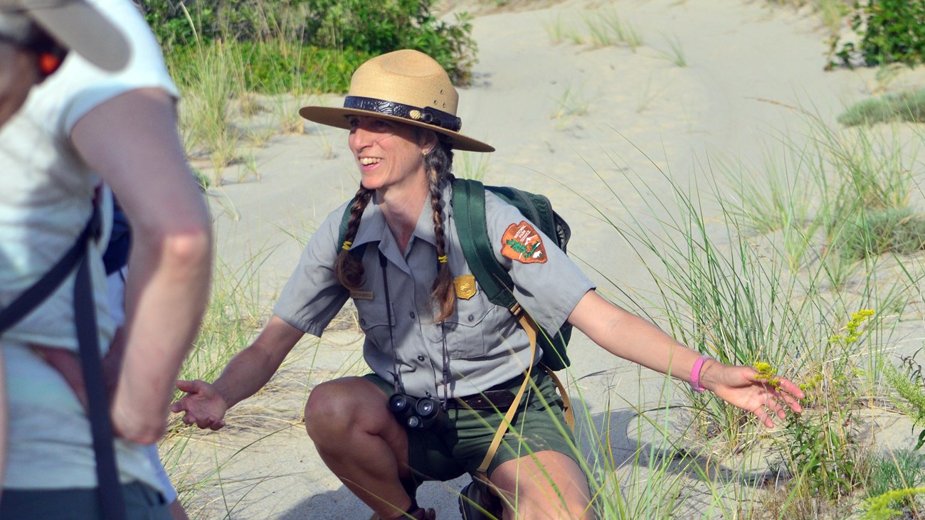 A ranger crouches in a sandy dune landscape pointing to a flowering plant.
