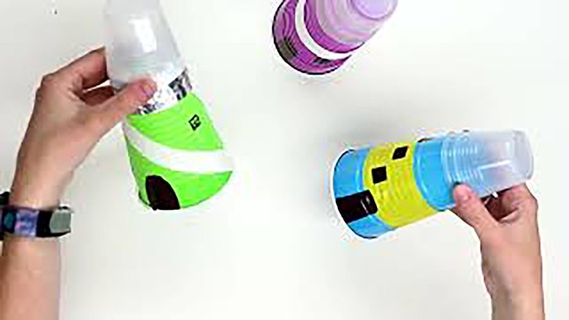 Homemade lighthouses created with colorful plastic cups