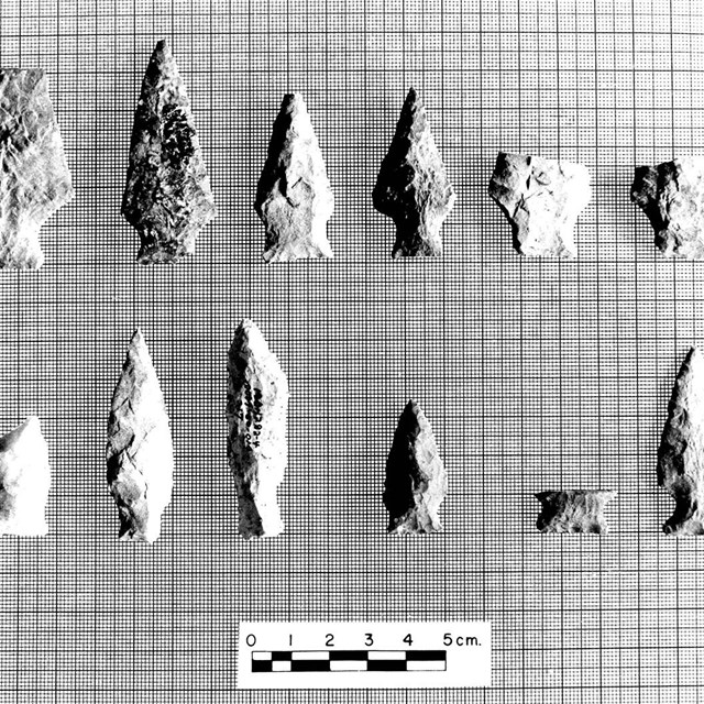 12 stone arrowheads are displayed on a grid background.