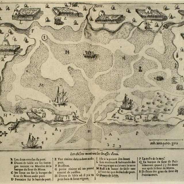 A hand drawn map from 1605 showing a harbor with settlements surrounding it.
