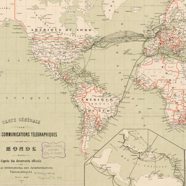 World Map with lines connecting continents across Atlantic Ocean.