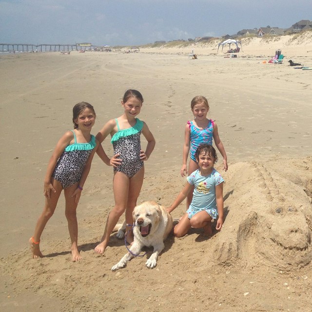 Children with dog on beach