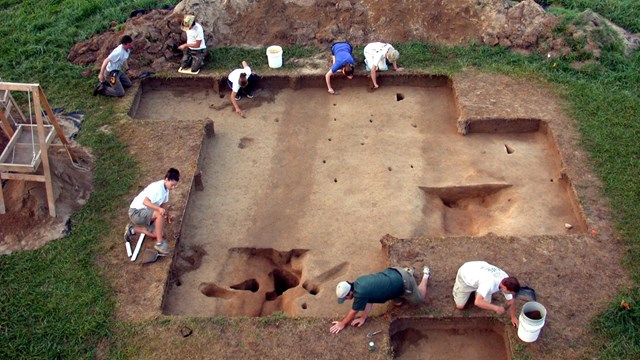 An archeological excavation viewed from above. 