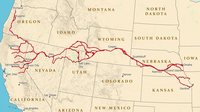 A map of the Western United States depicting a trail from Missouri west to California.