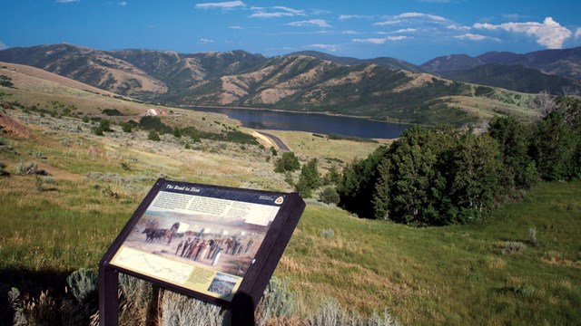 An exhibit sign in front of an expansive view of a canyon.