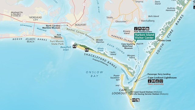 Cape Lookout National Seashore map listing other places near the park. 
