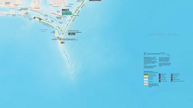 Map of Cape Lookout National Seashore showing different location within the seashore. 