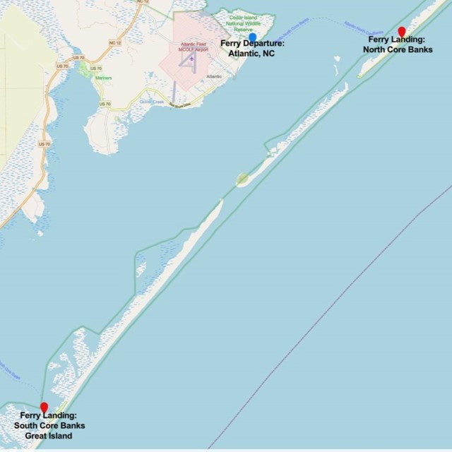 Map showing ferry route from Atlantic, NC to North Core Banks. 
