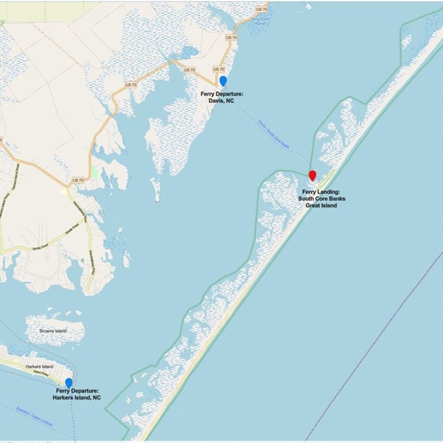 Map showing ferry routes from Harkers Island, NC to Cape Lookout, and from Davis, NC to Great Island