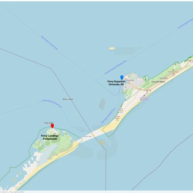 Map showing ferry from Ocracoke, NC to Portsmouth Village  