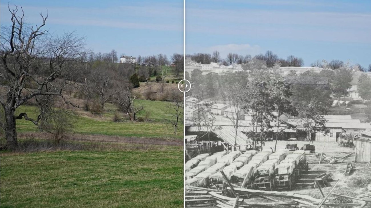 A part historic and part modern photograph of the landscape of Camp Nelson.