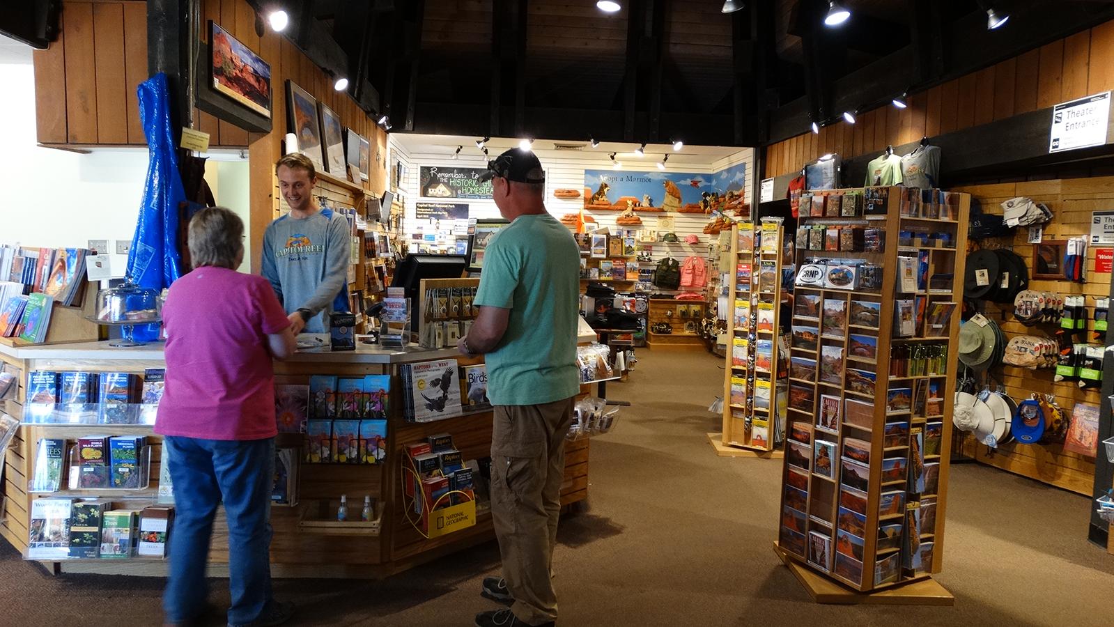 Visitors in the bookstore operated by the Capitol Reef Natural History Association