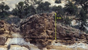 Large brown rock in cliff, with yellow arrow and some green vegetation. 
