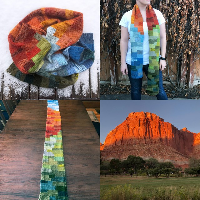 Four images of a colorful scarf that matches the red cliffs, green trees, and blue skies. 