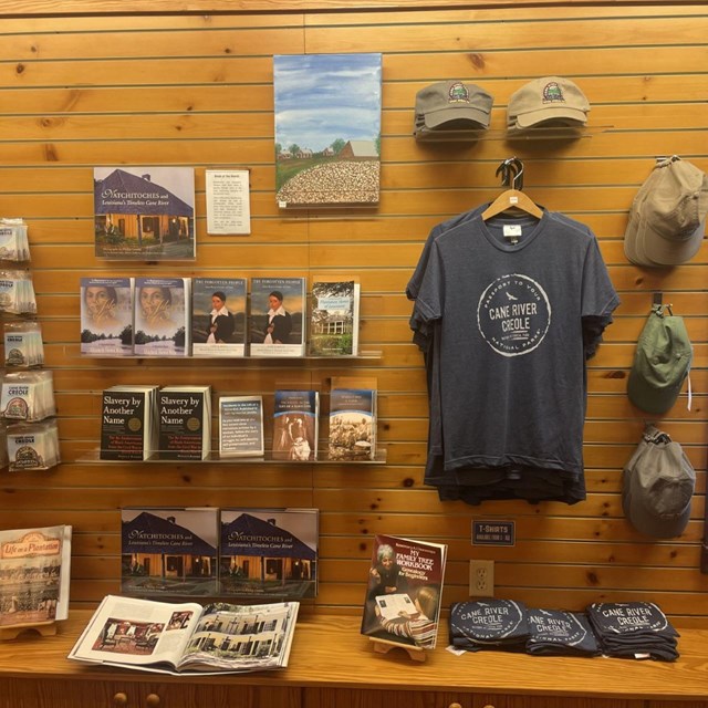Store wall, with shelves of books, hats, t-shirts, and painting