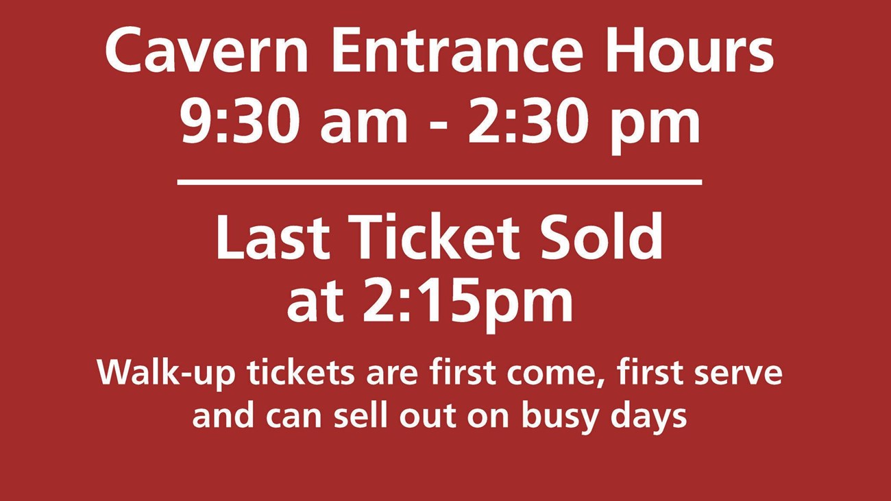 an image that shows the cavern entrance hours with a reservation icon on a red background